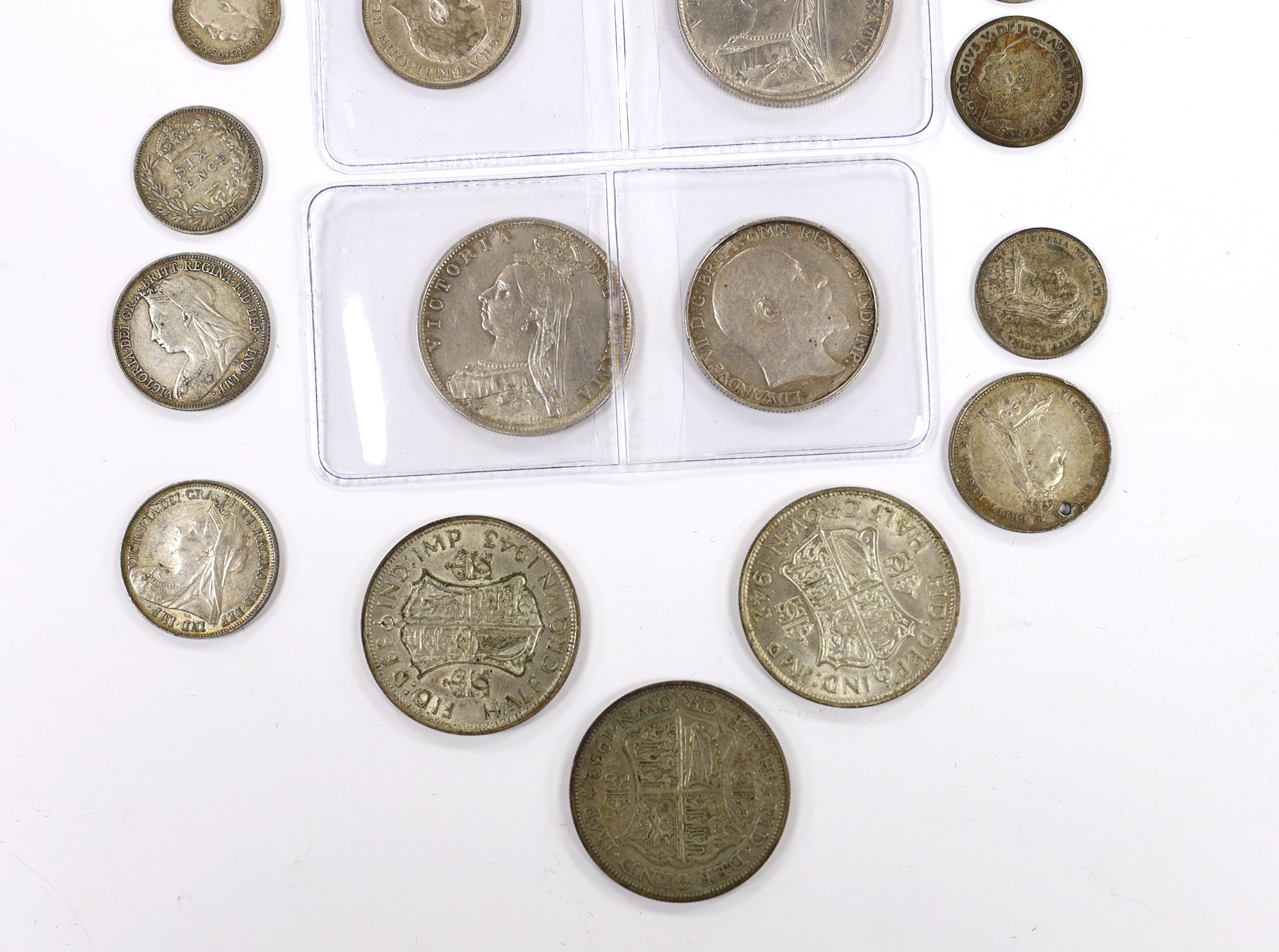 British Mixed silver coins including 1915 shilling GEF, Victoria crown 1887 and double florin etc.